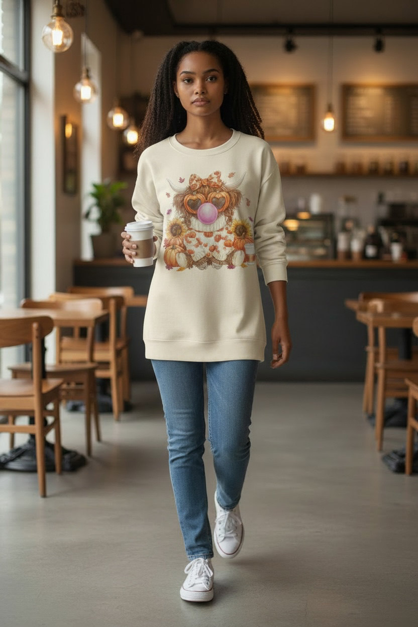 HIGHLAND COW BUBBLE GUM CREWNECK SWEATSHIRT