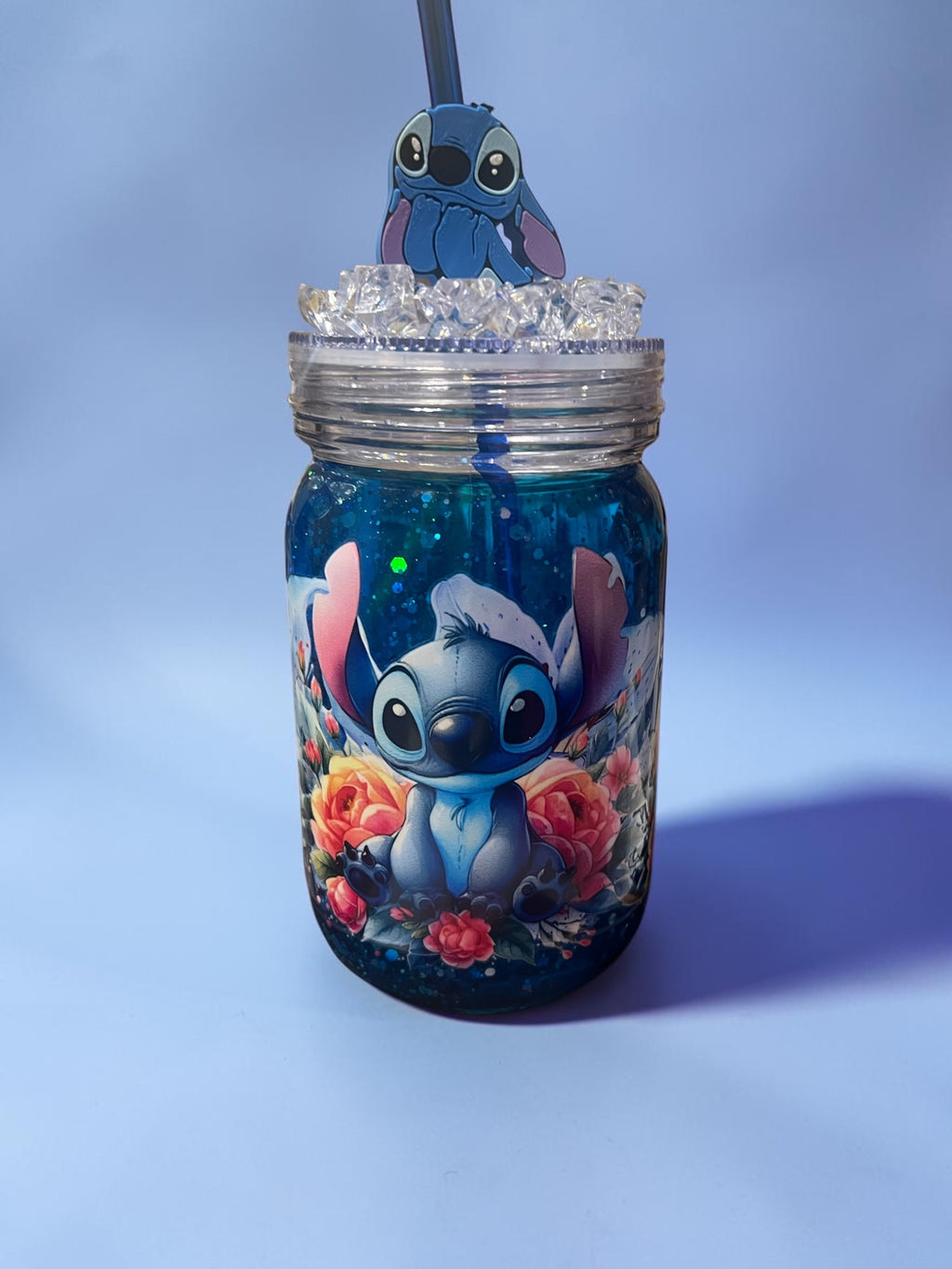 Stitch Mason Jar Snow Globe Cup w/ Straw Topper