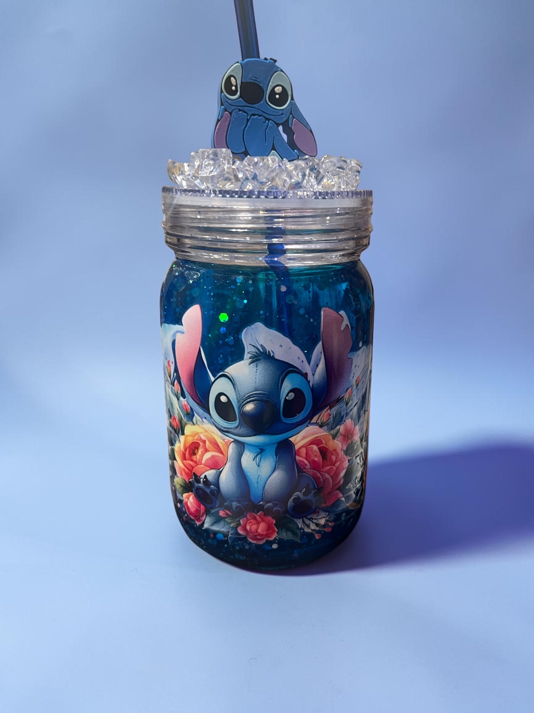 Stitch Mason Jar Snow Globe Cup w/ Straw Topper
