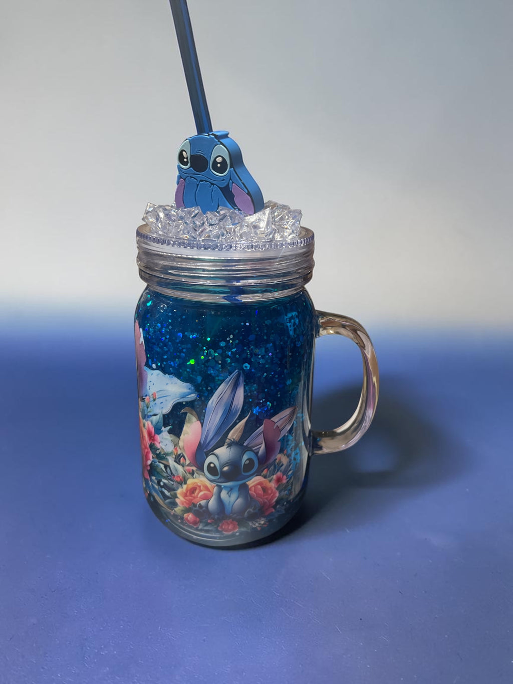 Stitch Mason Jar Snow Globe Cup w/ Straw Topper